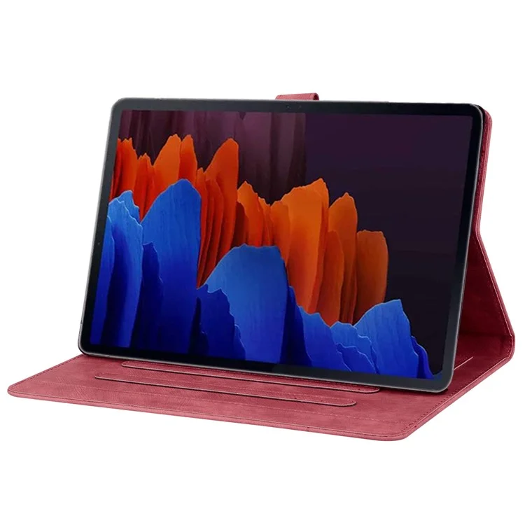 For Samsung Galaxy Tab S9 Ultra / S8 Ultra Card Slots Leather Tablet Case Stand Imprinted Flower Cat Tablet Cover - Wine Red