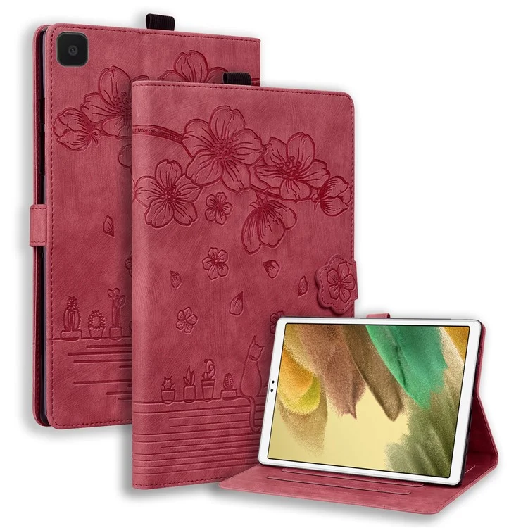 Funda de Tablet de pie para Samsung Galaxy Tab A7 Lite de 8.7 pulgadas Cubierta de piel de imitación con flores y gatos con ranuras para tarjetas - Rojo vino