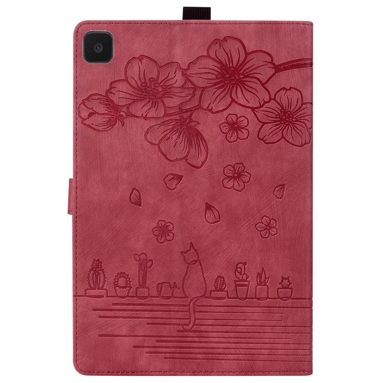 Funda de Tablet de pie para Samsung Galaxy Tab A7 Lite de 8.7 pulgadas Cubierta de piel de imitación con flores y gatos con ranuras para tarjetas - Rojo vino