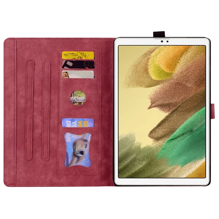 Funda de Tablet de pie para Samsung Galaxy Tab A7 Lite de 8.7 pulgadas Cubierta de piel de imitación con flores y gatos con ranuras para tarjetas - Rojo vino
