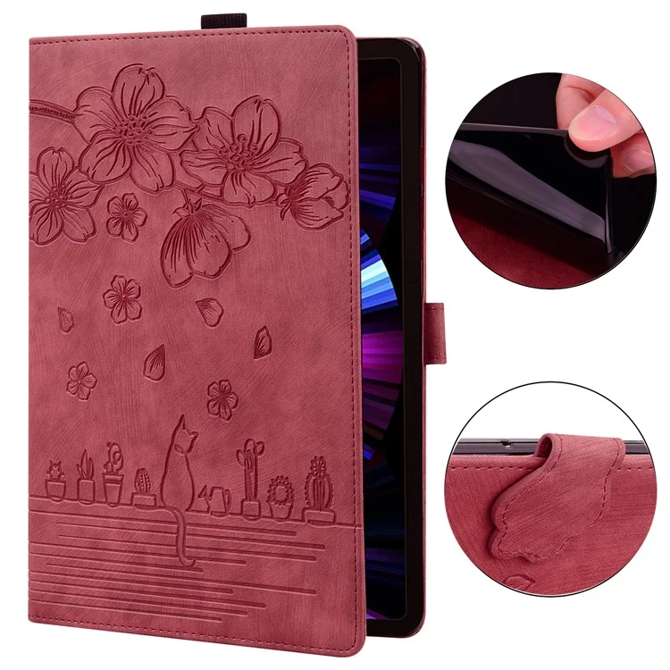 Funda de Tablet de pie para Samsung Galaxy Tab A7 Lite de 8.7 pulgadas Cubierta de piel de imitación con flores y gatos con ranuras para tarjetas - Rojo vino