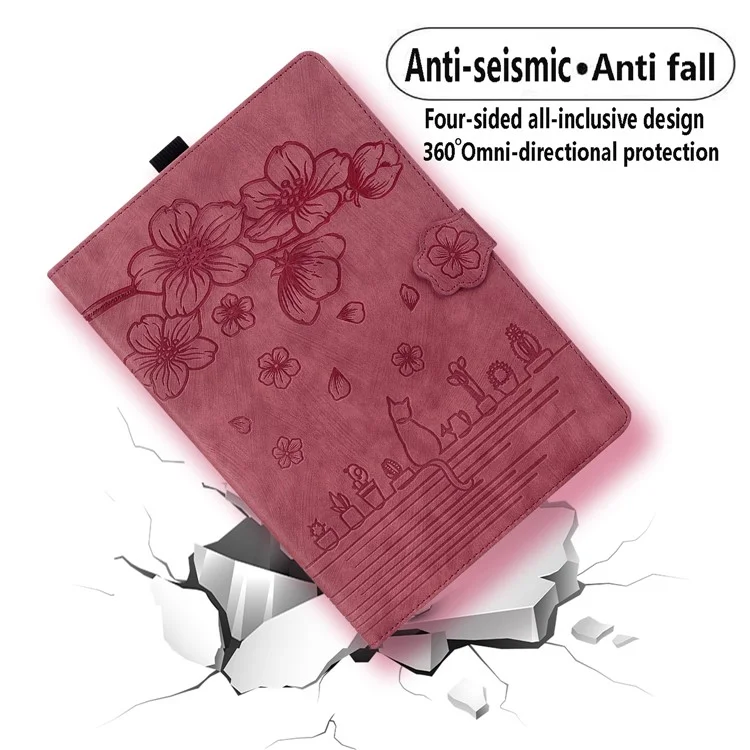 Funda de Tablet de pie para Samsung Galaxy Tab A7 Lite de 8.7 pulgadas Cubierta de piel de imitación con flores y gatos con ranuras para tarjetas - Rojo vino