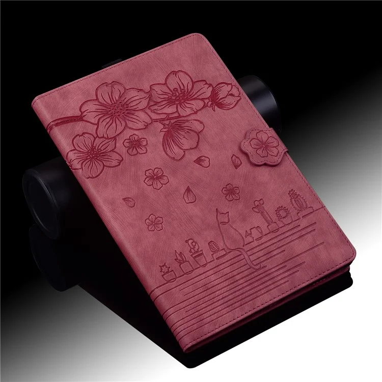 Funda de Tablet de pie para Samsung Galaxy Tab A7 Lite de 8.7 pulgadas Cubierta de piel de imitación con flores y gatos con ranuras para tarjetas - Rojo vino
