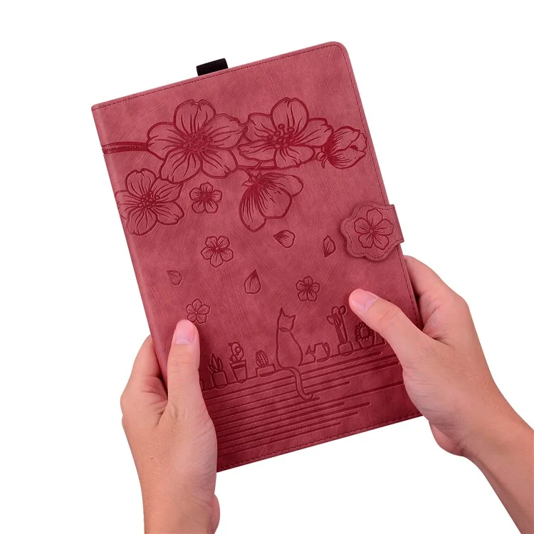 Funda de Tablet de pie para Samsung Galaxy Tab A7 Lite de 8.7 pulgadas Cubierta de piel de imitación con flores y gatos con ranuras para tarjetas - Rojo vino