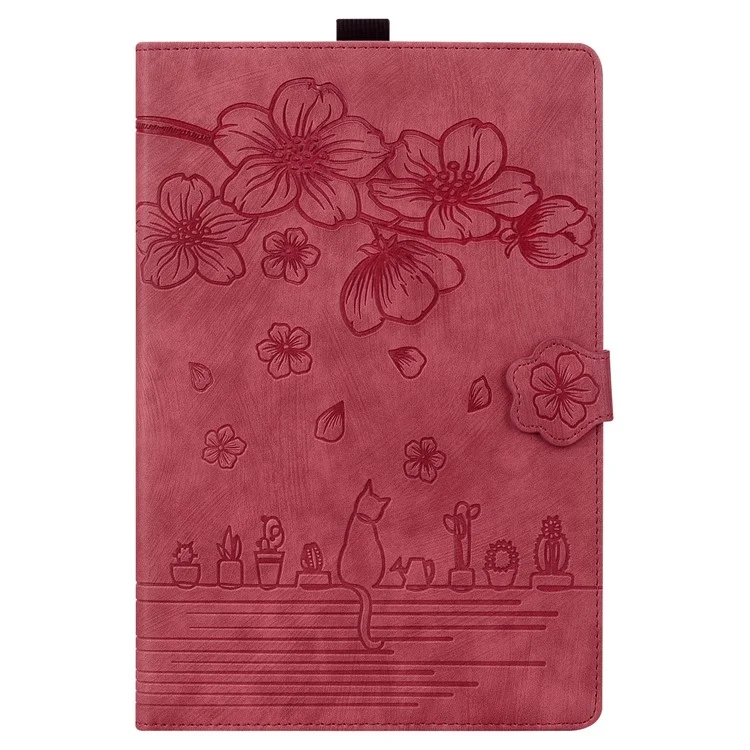 Funda de Tablet de pie para Samsung Galaxy Tab A7 Lite de 8.7 pulgadas Cubierta de piel de imitación con flores y gatos con ranuras para tarjetas - Rojo vino