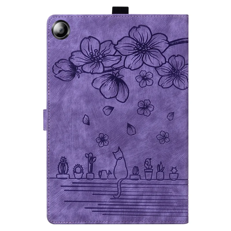 For Samsung Galaxy Tab A8 10.5 (2021) / (2022) Card Holder Tablet Leather Case Imprinted Flower Cat Stand Tablet Cover - Purple