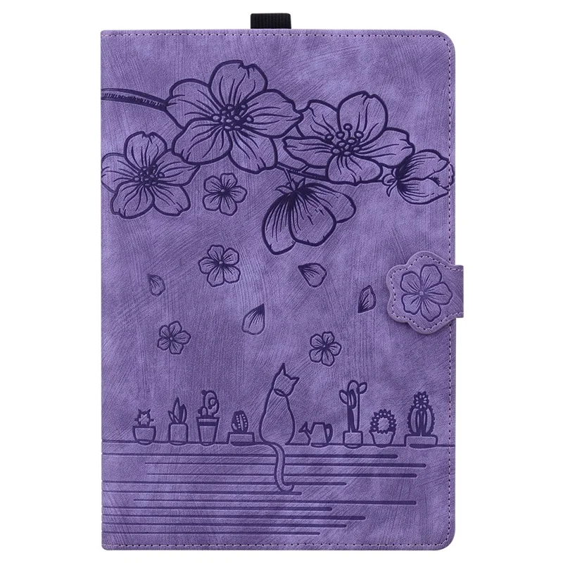 For Samsung Galaxy Tab A8 10.5 (2021) / (2022) Card Holder Tablet Leather Case Imprinted Flower Cat Stand Tablet Cover - Purple