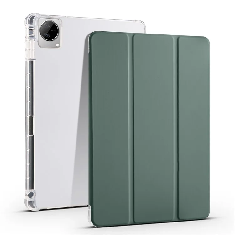 Para vivo Pad Tri-Fold Stand PU Leather Case Transparent Back Protective Tablet Cover with Pencil Holder - Midnight Green