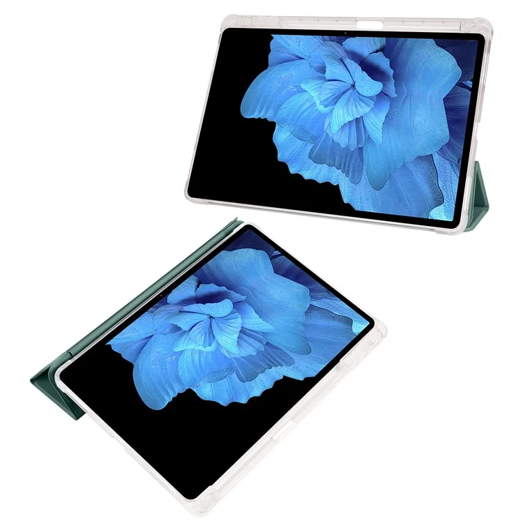 Para vivo Pad Tri-Fold Stand PU Leather Case Transparent Back Protective Tablet Cover with Pencil Holder - Midnight Green