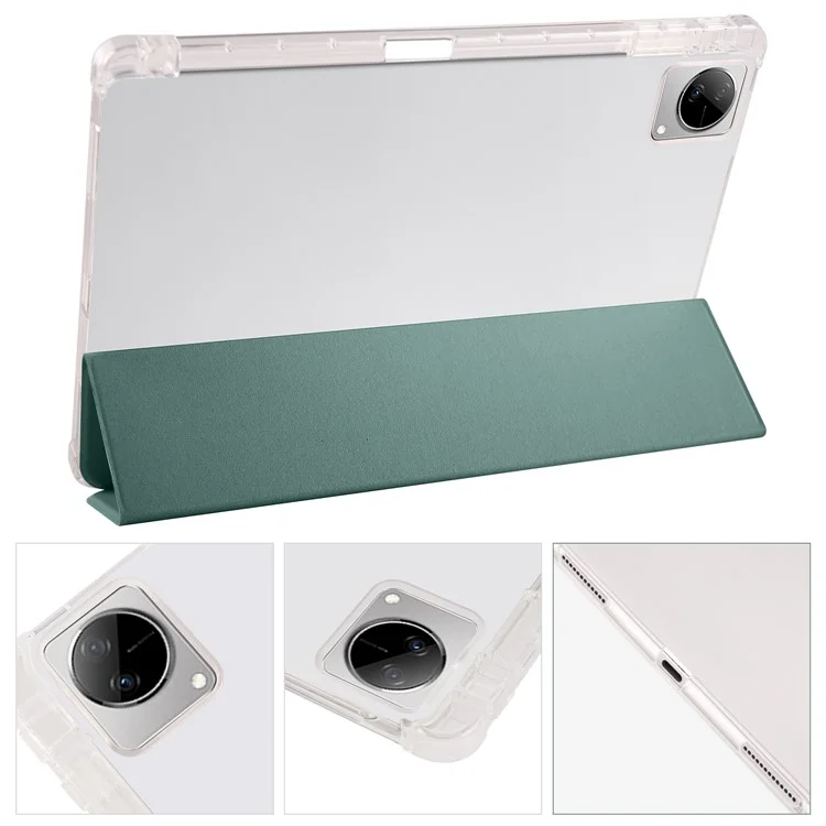 Para vivo Pad Tri-Fold Stand PU Leather Case Transparent Back Protective Tablet Cover with Pencil Holder - Midnight Green