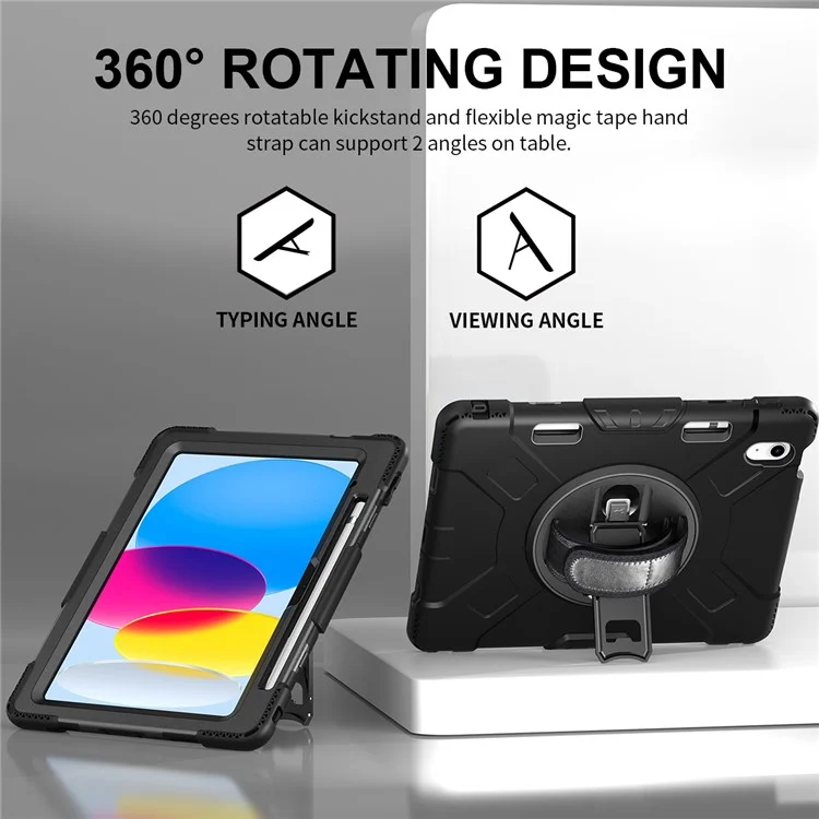 Pour iPad 10,9 (2022) Étui de protection antichoc avec support Étui de tablette en PC + silicone avec bandoulière - Noir