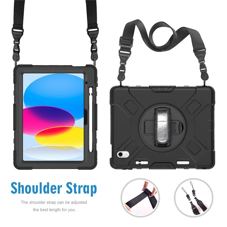 Pour iPad 10,9 (2022) Étui de protection antichoc avec support Étui de tablette en PC + silicone avec bandoulière - Noir