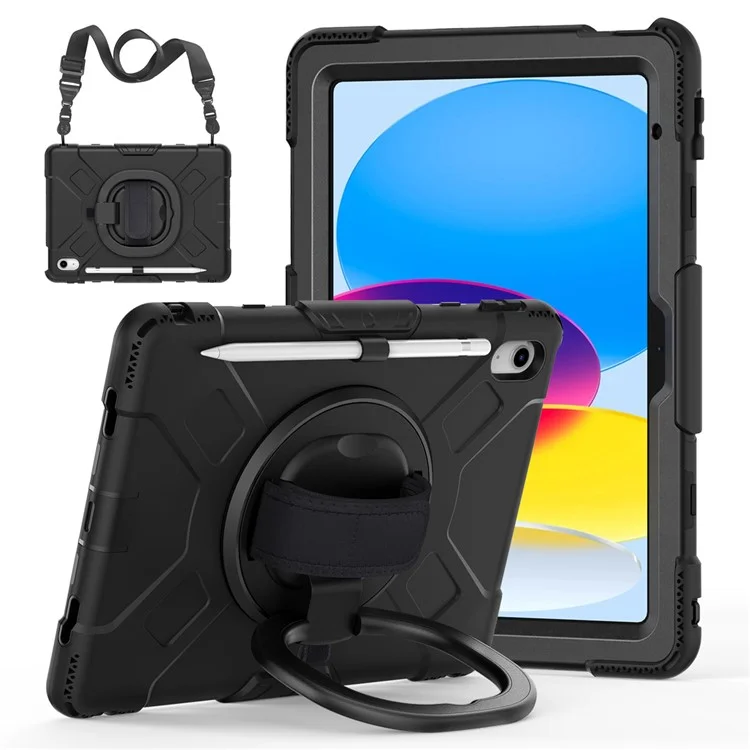 Stoßfeste Hülle für iPad 10.9 (2022) Kickstand Tablet Case Style S1 PC+Silikon Cover mit Schultergurt - Schwarz