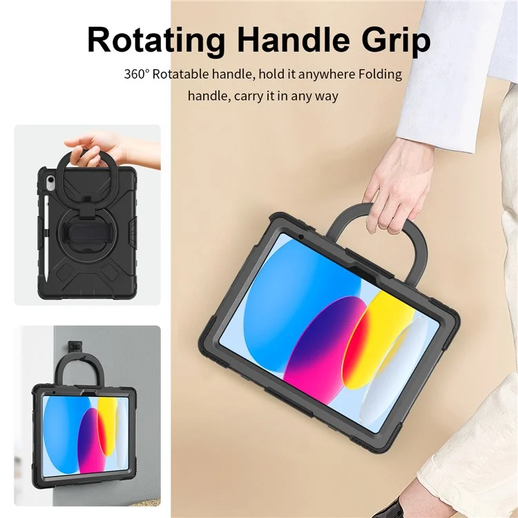 Stoßfeste Hülle für iPad 10.9 (2022) Kickstand Tablet Case Style S1 PC+Silikon Cover mit Schultergurt - Schwarz