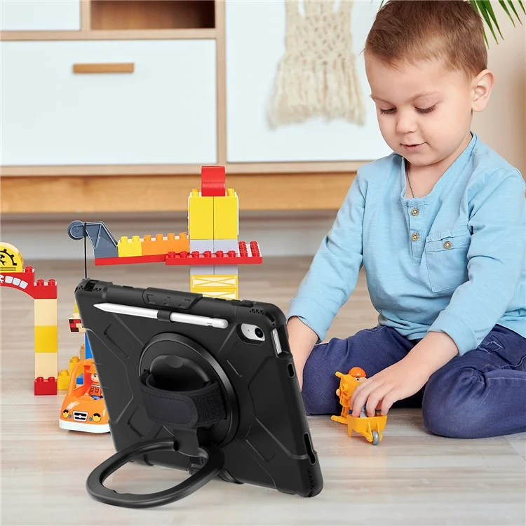 Stoßfeste Hülle für iPad 10.9 (2022) Kickstand Tablet Case Style S1 PC+Silikon Cover mit Schultergurt - Schwarz
