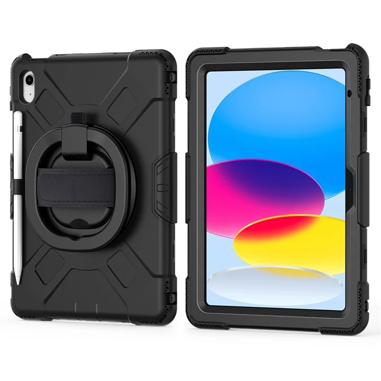 Stoßfeste Hülle für iPad 10.9 (2022) Kickstand Tablet Case Style S1 PC+Silikon Cover mit Schultergurt - Schwarz