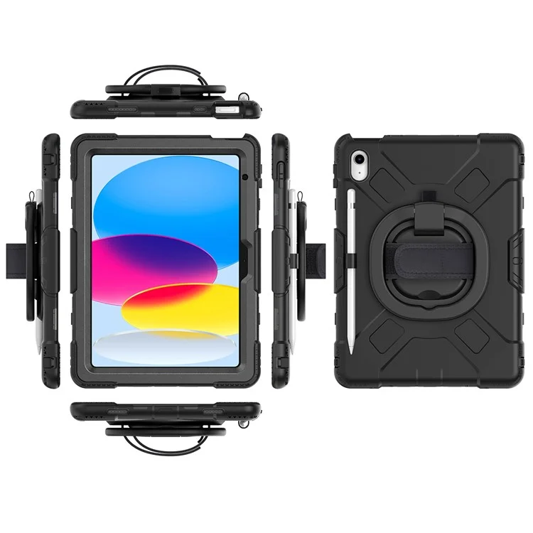 Stoßfeste Hülle für iPad 10.9 (2022) Kickstand Tablet Case Style S1 PC+Silikon Cover mit Schultergurt - Schwarz