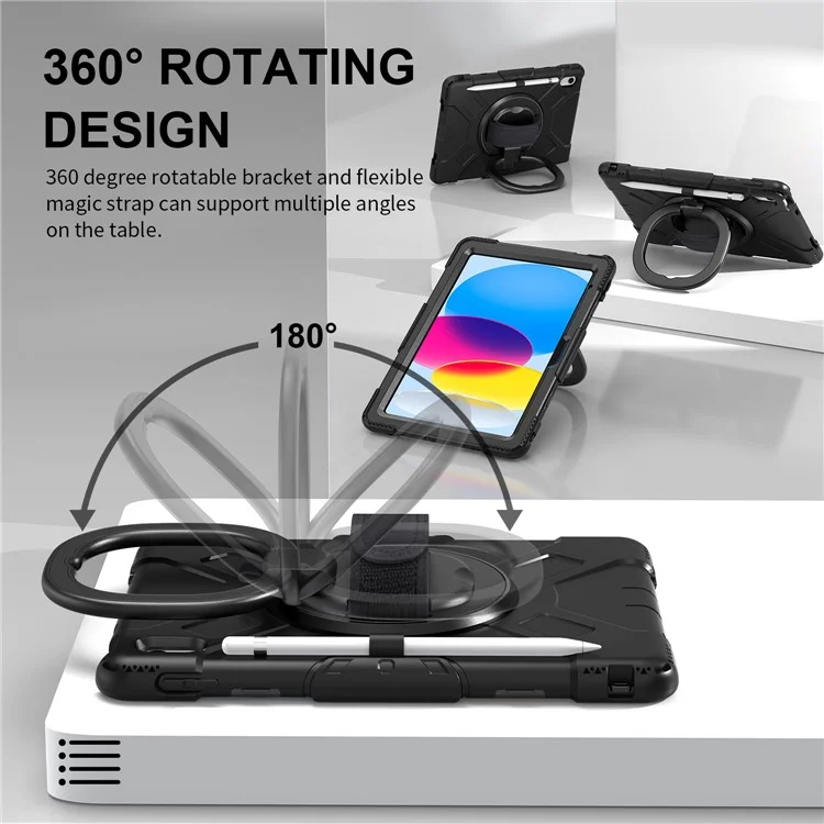 Stoßfeste Hülle für iPad 10.9 (2022) Kickstand Tablet Case Style S1 PC+Silikon Cover mit Schultergurt - Schwarz