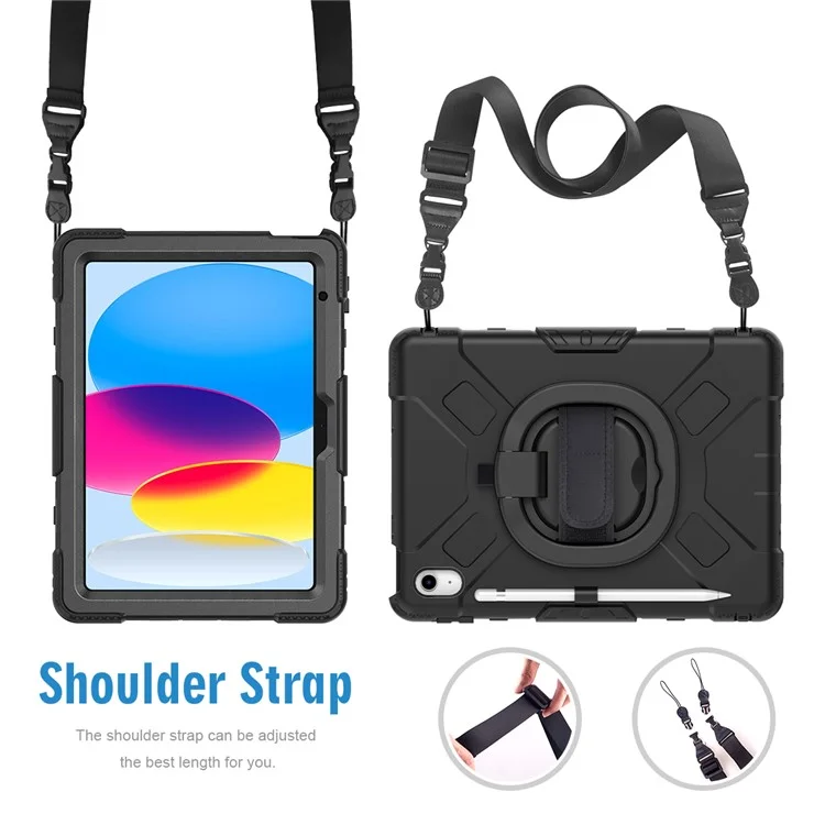 Stoßfeste Hülle für iPad 10.9 (2022) Kickstand Tablet Case Style S1 PC+Silikon Cover mit Schultergurt - Schwarz