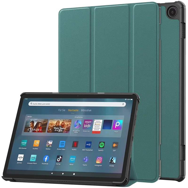 For Amazon Fire Max 11 PU Leather Tablet Case Tr-fold Stand Cover with Auto Sleep / Wake - Blackish Green