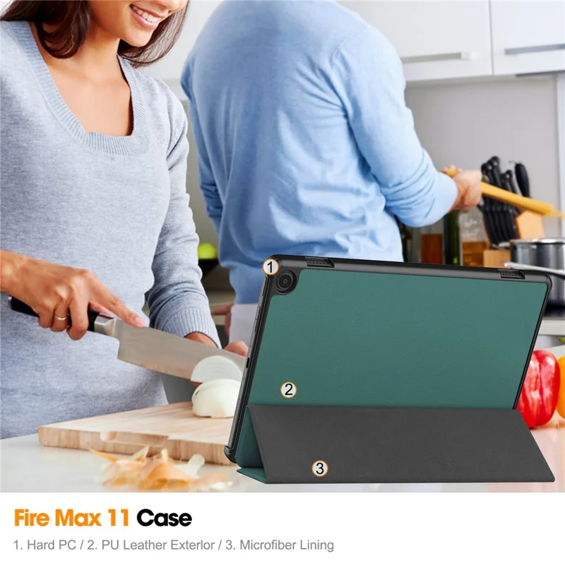 For Amazon Fire Max 11 PU Leather Tablet Case Tr-fold Stand Cover with Auto Sleep / Wake - Blackish Green