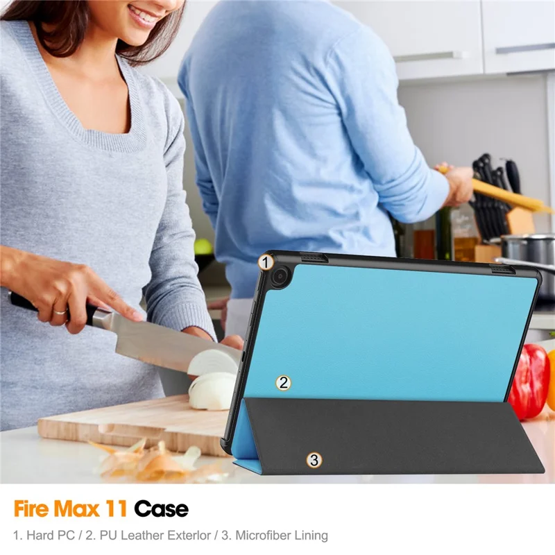For Amazon Fire Max 11 PU Leather Tablet Case Tr-fold Stand Cover with Auto Sleep / Wake - Sky Blue