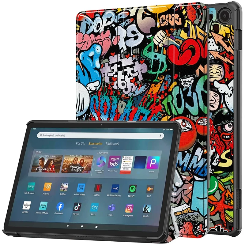 Voor Amazon Fire Max 11 Automatisch Inschakelen/Uitschakelen PU Leren Tablet Hoesje Drievoudig Standje Patroon Geprint Cover - Graffiti