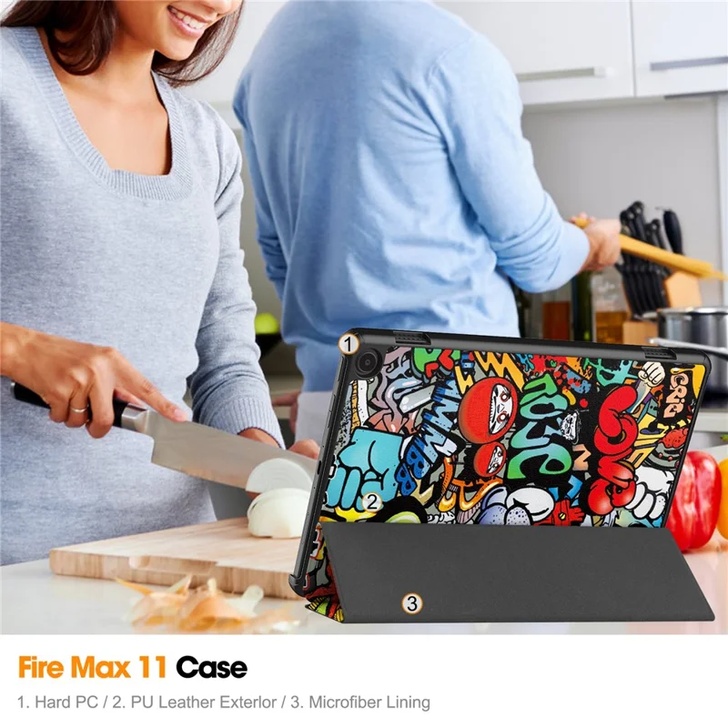 Voor Amazon Fire Max 11 Automatisch Inschakelen/Uitschakelen PU Leren Tablet Hoesje Drievoudig Standje Patroon Geprint Cover - Graffiti