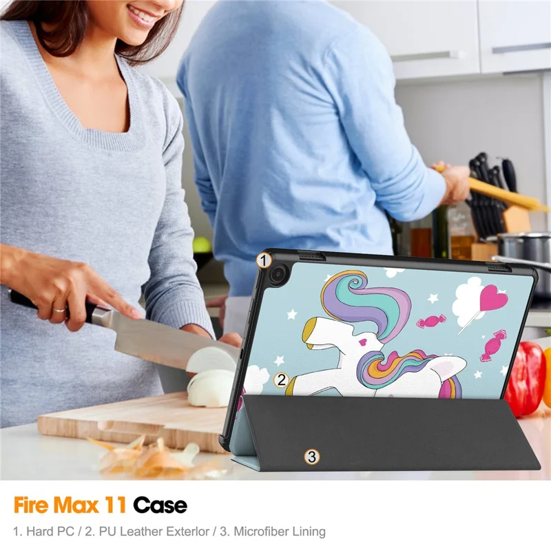 For Amazon Fire Max 11 Auto Wake / Sleep PU Leather Tablet Case Tri-fold Stand Pattern Printed Cover - Horse