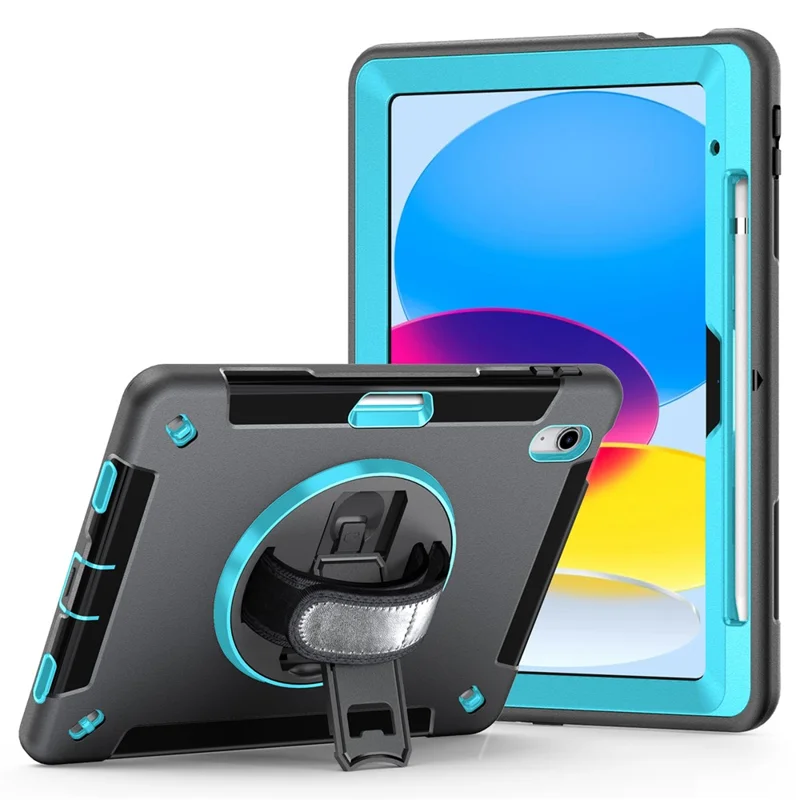 Kickstand Case for iPad (2025) / 10.9 (2022) TPU+PC Shockproof Anti-Drop Tablet Cover with PU Hand Strap, Pencil Slot - Mint Green PC