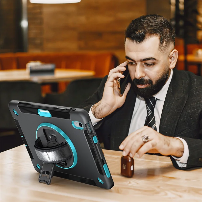 Kickstand Case for iPad (2025) / 10.9 (2022) TPU+PC Shockproof Anti-Drop Tablet Cover with PU Hand Strap, Pencil Slot - Mint Green PC