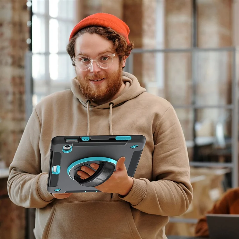 Kickstand Case for iPad (2025) / 10.9 (2022) TPU+PC Shockproof Anti-Drop Tablet Cover with PU Hand Strap, Pencil Slot - Mint Green PC