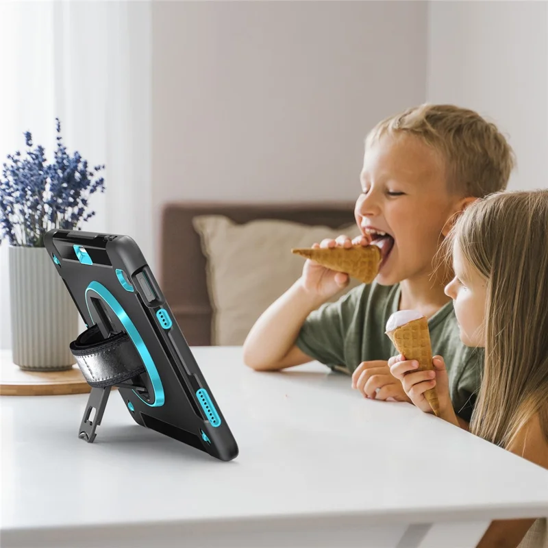 Kickstand Case for iPad (2025) / 10.9 (2022) TPU+PC Shockproof Anti-Drop Tablet Cover with PU Hand Strap, Pencil Slot - Mint Green PC