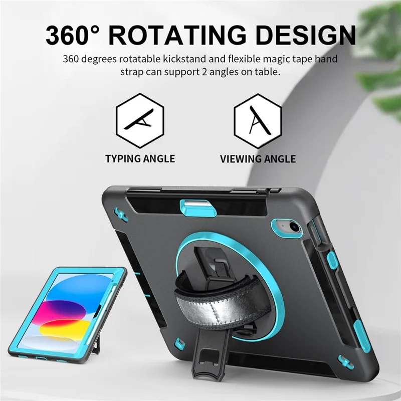 Kickstand Case for iPad (2025) / 10.9 (2022) TPU+PC Shockproof Anti-Drop Tablet Cover with PU Hand Strap, Pencil Slot - Mint Green PC