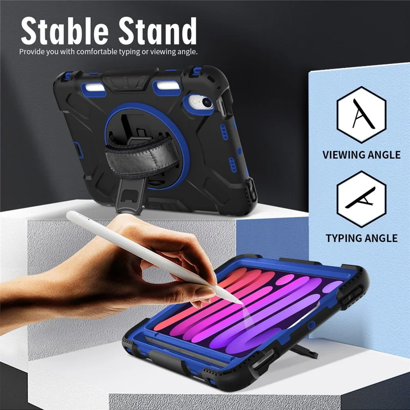 For iPad mini (2024) / mini (2021) PC+Silicone Tablet Case Protective Kickstand Cover with Pen Slot / Shoulder Strap - Dark Blue