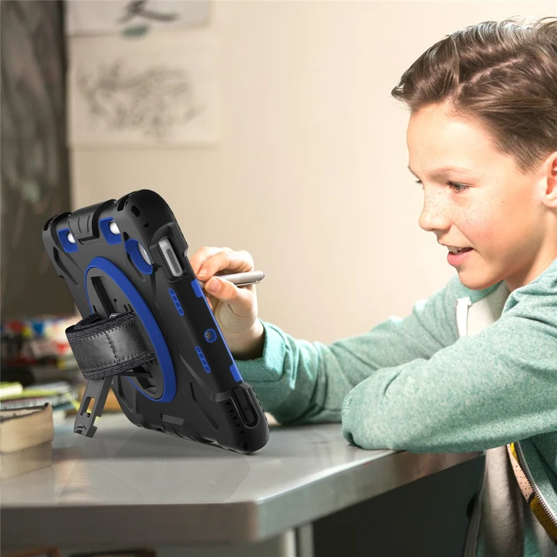 For iPad mini (2024) / mini (2021) PC+Silicone Tablet Case Protective Kickstand Cover with Pen Slot / Shoulder Strap - Dark Blue