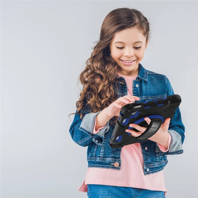 For iPad mini (2024) / mini (2021) PC+Silicone Tablet Case Protective Kickstand Cover with Pen Slot / Shoulder Strap - Dark Blue