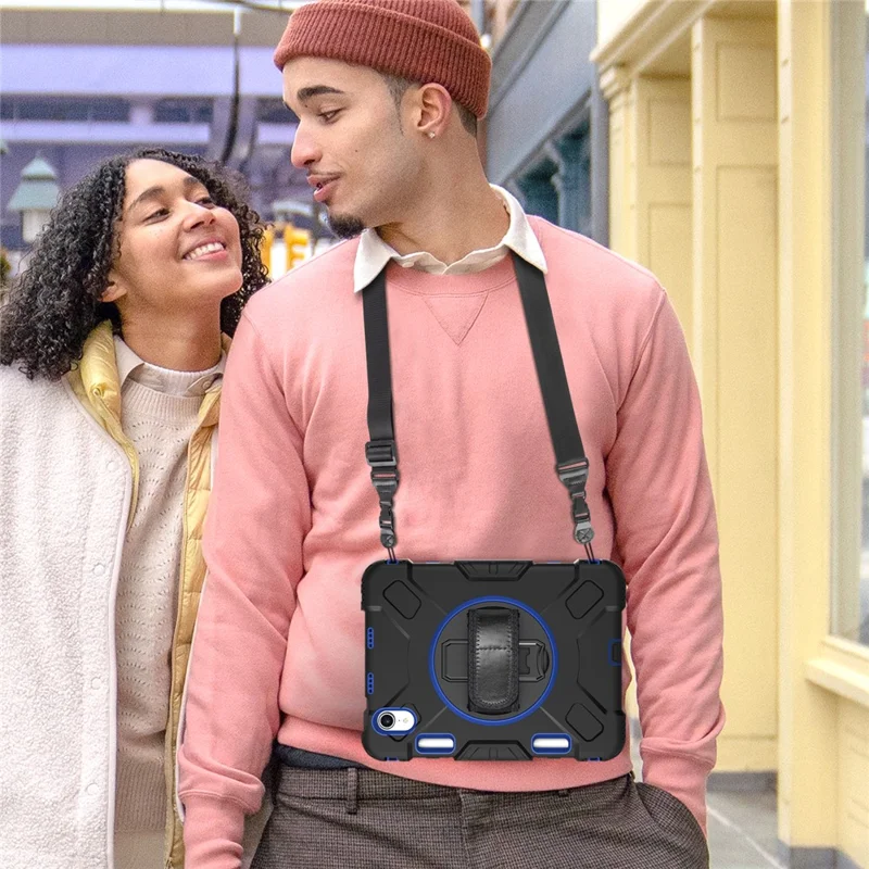 For iPad mini (2024) / mini (2021) PC+Silicone Tablet Case Protective Kickstand Cover with Pen Slot / Shoulder Strap - Dark Blue