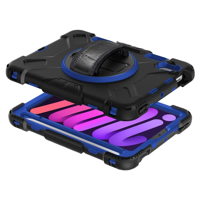 For iPad mini (2024) / mini (2021) PC+Silicone Tablet Case Protective Kickstand Cover with Pen Slot / Shoulder Strap - Dark Blue