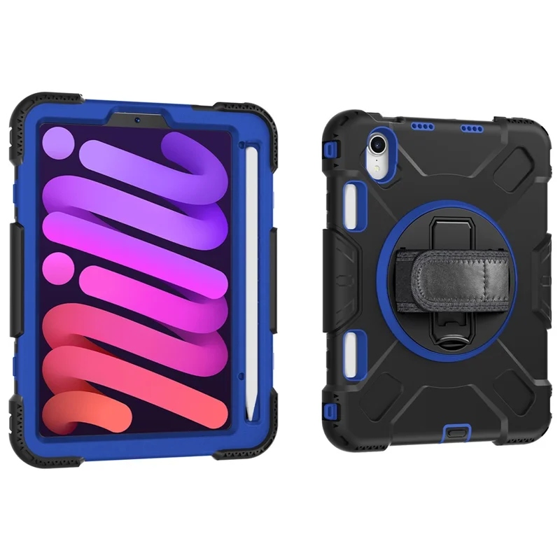 For iPad mini (2024) / mini (2021) PC+Silicone Tablet Case Protective Kickstand Cover with Pen Slot / Shoulder Strap - Dark Blue