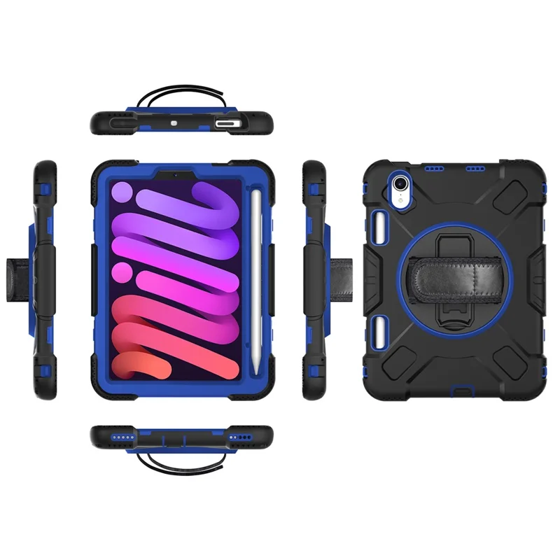For iPad mini (2024) / mini (2021) PC+Silicone Tablet Case Protective Kickstand Cover with Pen Slot / Shoulder Strap - Dark Blue