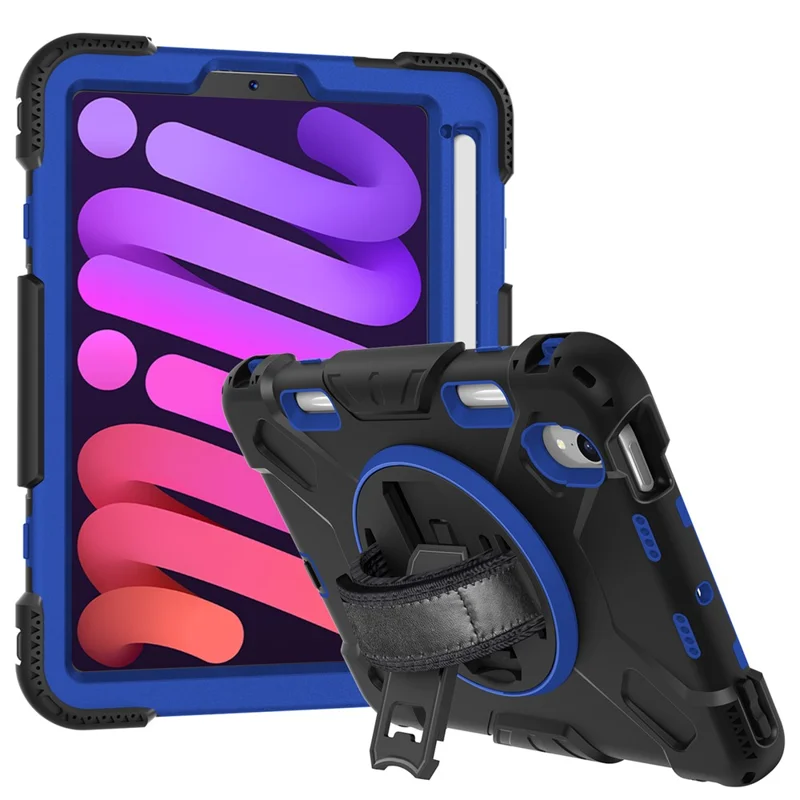 For iPad mini (2024) / mini (2021) PC+Silicone Tablet Case Protective Kickstand Cover with Pen Slot / Shoulder Strap - Dark Blue