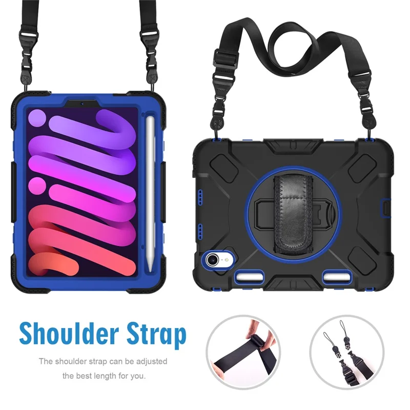 For iPad mini (2024) / mini (2021) PC+Silicone Tablet Case Protective Kickstand Cover with Pen Slot / Shoulder Strap - Dark Blue