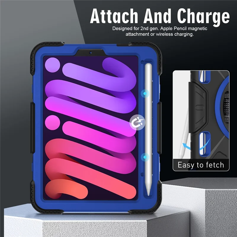 For iPad mini (2024) / mini (2021) PC+Silicone Tablet Case Protective Kickstand Cover with Pen Slot / Shoulder Strap - Dark Blue