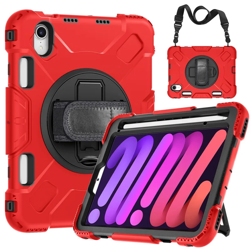 For iPad mini (2024) / mini (2021) PC+Silicone Tablet Case Protective Kickstand Cover with Pen Slot / Shoulder Strap - Red