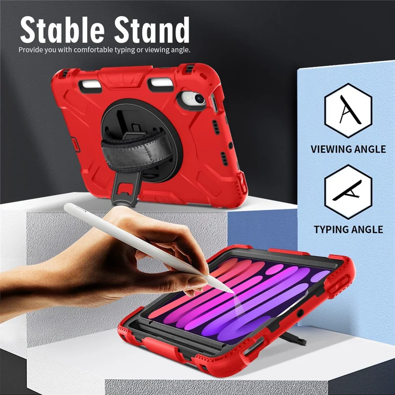 For iPad mini (2024) / mini (2021) PC+Silicone Tablet Case Protective Kickstand Cover with Pen Slot / Shoulder Strap - Red
