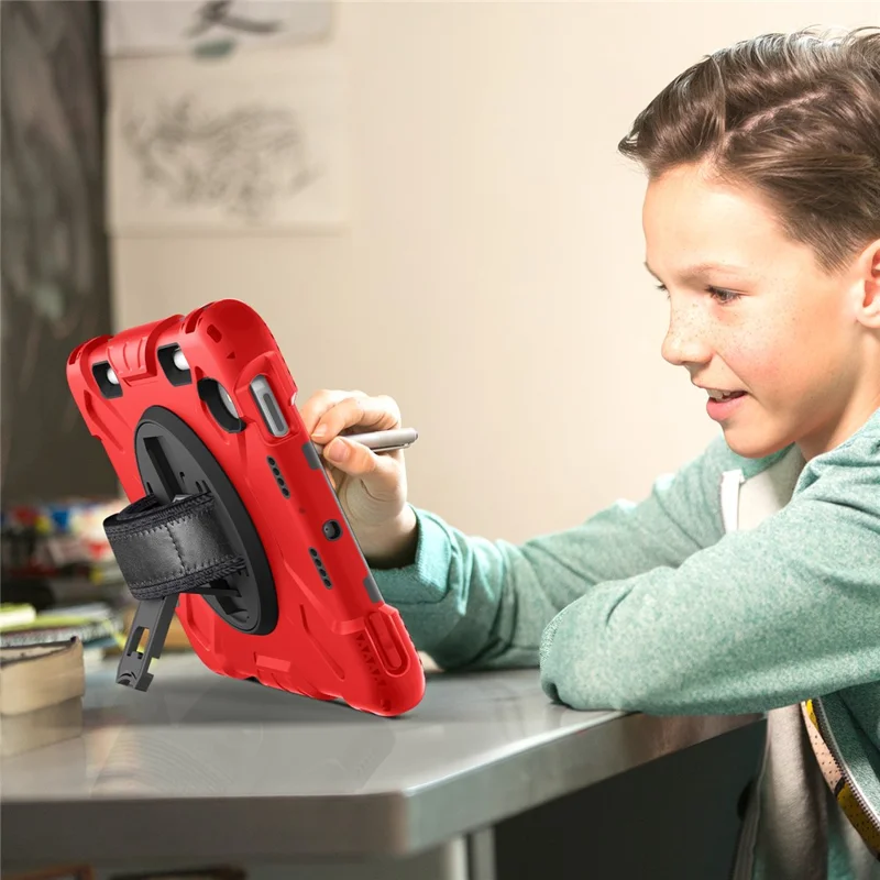 For iPad mini (2024) / mini (2021) PC+Silicone Tablet Case Protective Kickstand Cover with Pen Slot / Shoulder Strap - Red