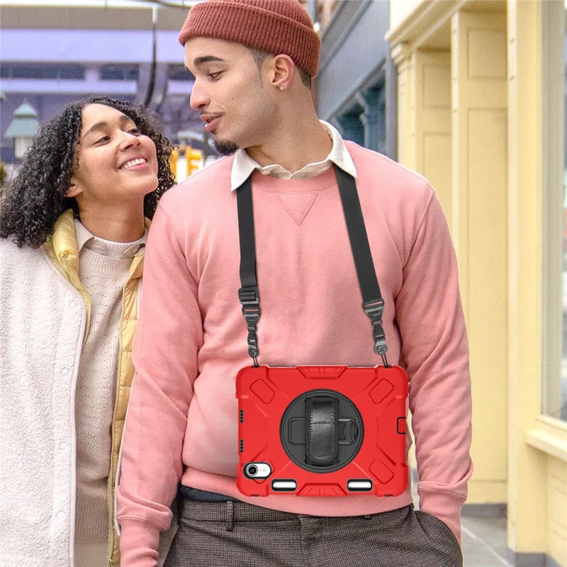 For iPad mini (2024) / mini (2021) PC+Silicone Tablet Case Protective Kickstand Cover with Pen Slot / Shoulder Strap - Red