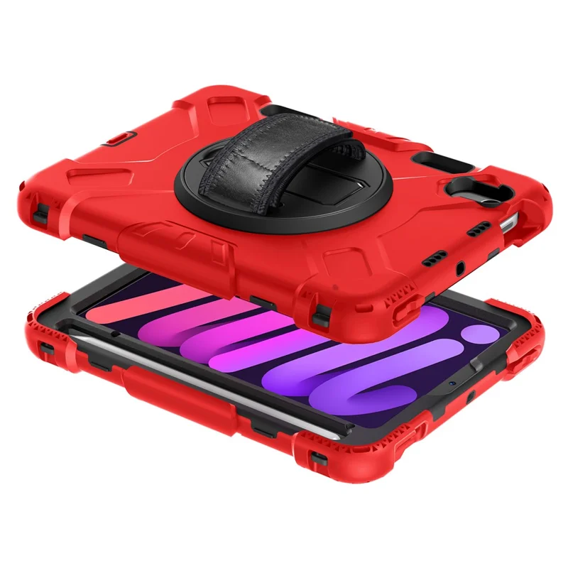 For iPad mini (2024) / mini (2021) PC+Silicone Tablet Case Protective Kickstand Cover with Pen Slot / Shoulder Strap - Red
