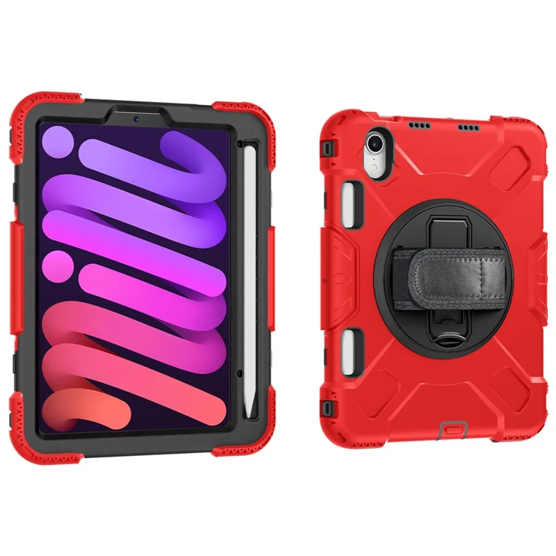 For iPad mini (2024) / mini (2021) PC+Silicone Tablet Case Protective Kickstand Cover with Pen Slot / Shoulder Strap - Red